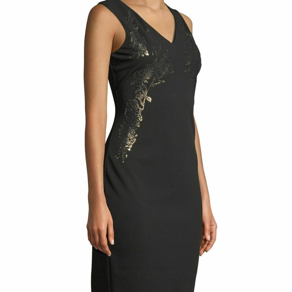 Calvin Klein Black Embroidered V Neck‎ Sheath Dress Size 10 - Picture 4 of 8